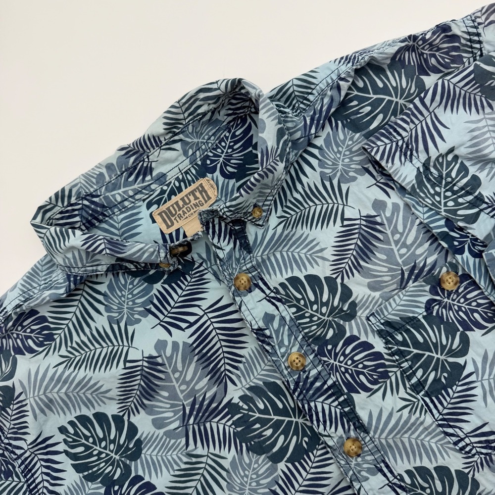 Duluth Trading Co Men 2XL Tall Blue Tropical Leaf Print Cotton Button Down Shirt